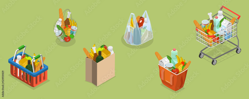 Fototapeta premium 3D Isometric Flat Vector Conceptual Illustration of Shopping Bags, Different Grocery Sets