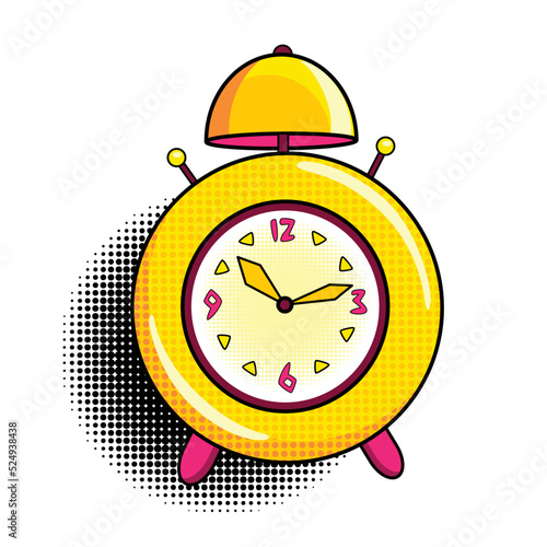 Comic alarm clock. Pop art colorful and dynamic cartoonish icon in retro style. Vector bright cartoon object with halftone dots shadow