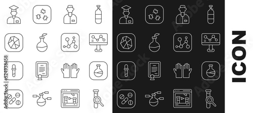 Set line Test tube and flask, Chemical formula, Laboratory assistant, Plant breeding, Salt stone, and icon. Vector