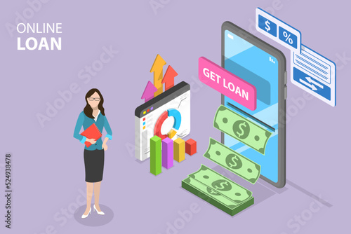 3D Isometric Flat Vector Conceptual Illustration of Mobile Loan Service, Making Money Online