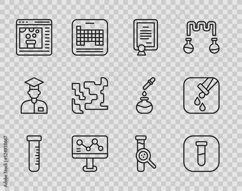 Set line Test tube and flask, Certificate template, Chemical formula, online, Gaseous, and icon. Vector