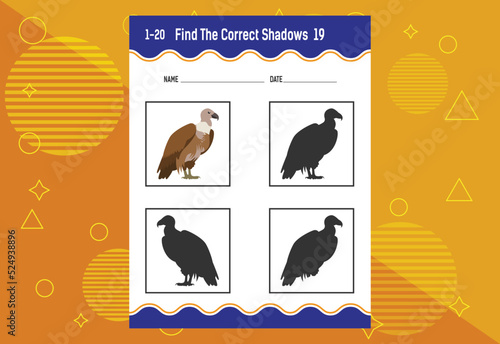 Find the correct shadow. Education developing worksheet. Matching game for kids.