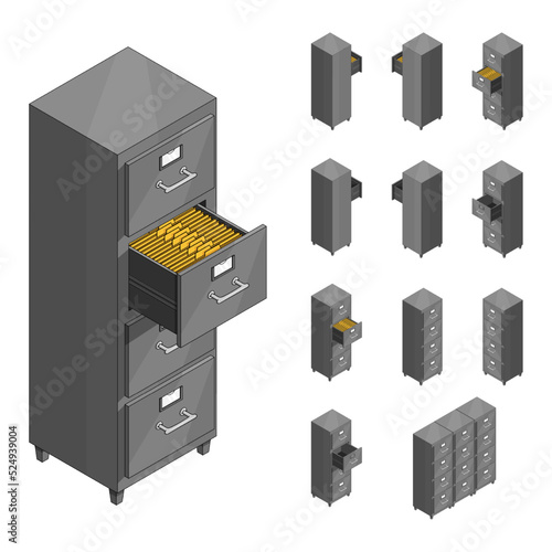Large isometric set of drawers with documents. Isometric iron drawer from an old cabinet with secret documents. Saving data on paper. Vector illustration in cartoon style. Office furniture.