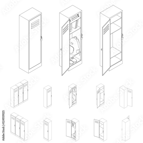 School closet line. Big set of vector elements. Wardrobe, storage of personal belongings of schoolchildren. Isometric furniture in different angles. Vector game illustration in cartoon style.