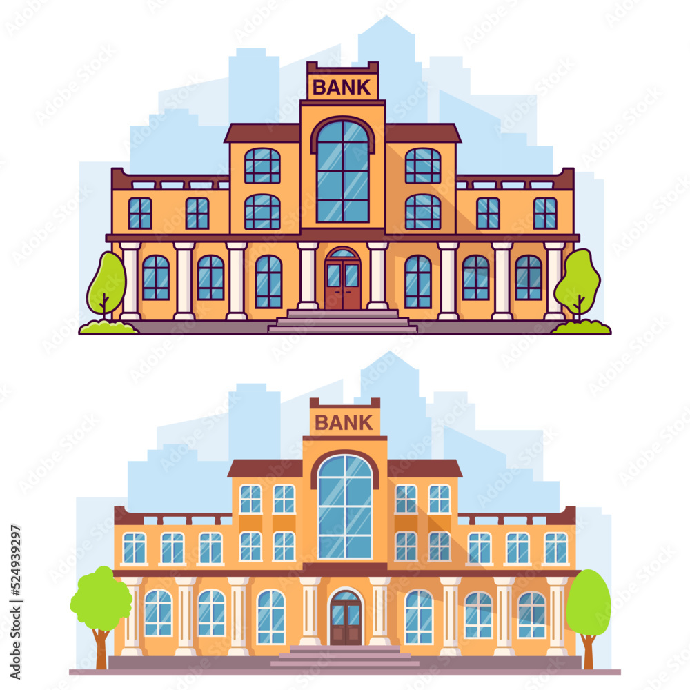 Set bank building line art. Flat cartoon style vector illustration.Financial house.Isolated on white background.