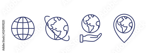 Fototapeta Naklejka Na Ścianę i Meble -  World globe line icon. Vector Earth global country map planet line icon. Travel internet globe set