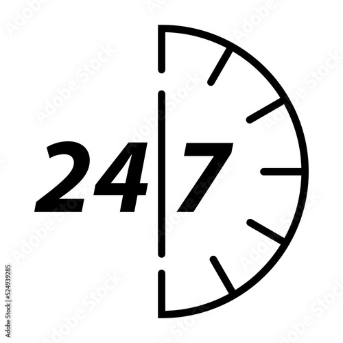 24-7 open concept. Twenty four hour open.Support service.Vector flat illustration.Steady available services.24 hours a day and 7 days a week. Isolated on white background.