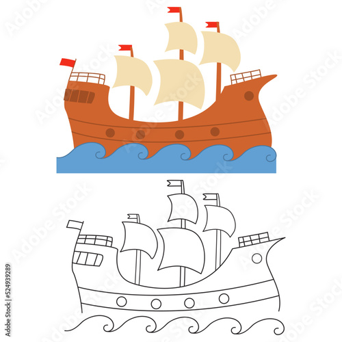Cartoon wooden ship for sea.Sailing ship.Isolated on white background. Cartoon style vector flat illustration.