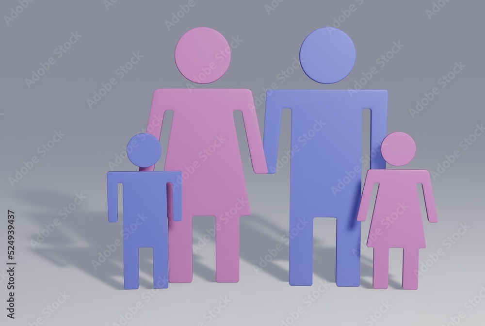 3D render of a family of four made out of pink and blue bathroom sign style stick figures 3D render of a family of four made out of pink and blue bathroom sign style stick figures
