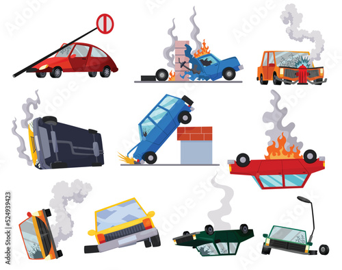 Accidents on road cars damaged. Road accident icons set with car crash symbols. Flat damaged vehicle insurance. Damaged autos. Need repair service or not recoverable