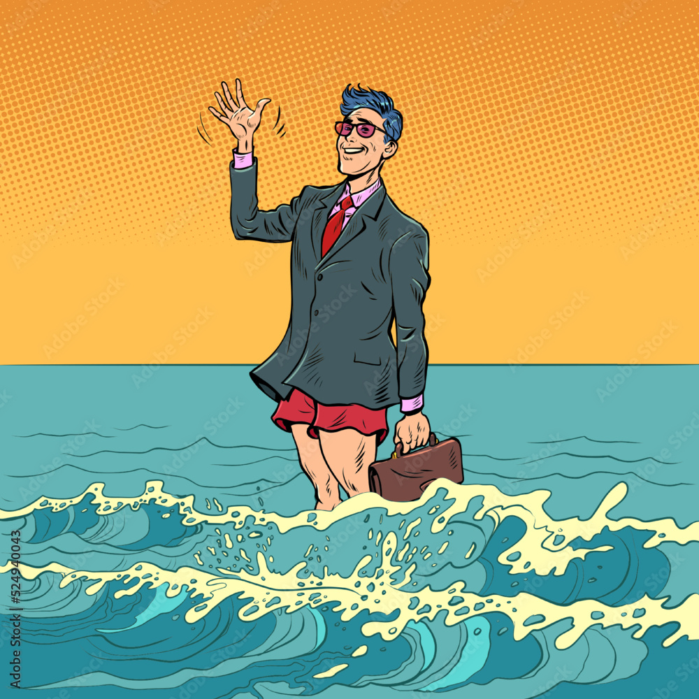 Businessman on vacation. A man stands half in swimming trunks and half in a suit in the ocean water. resort on the sea