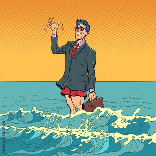 Businessman on vacation. A man stands half in swimming trunks and half in a suit in the ocean water. resort on the sea