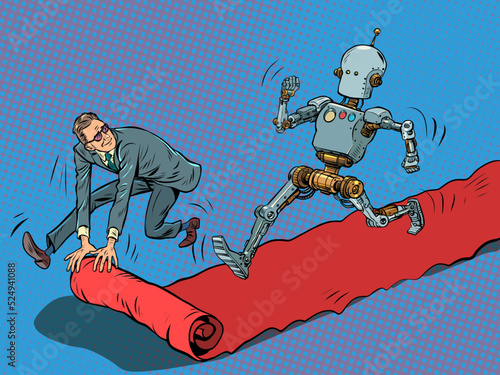 Robot hero on the red carpet carpet of the movie premiere. The winner goes ahead, man is the servant