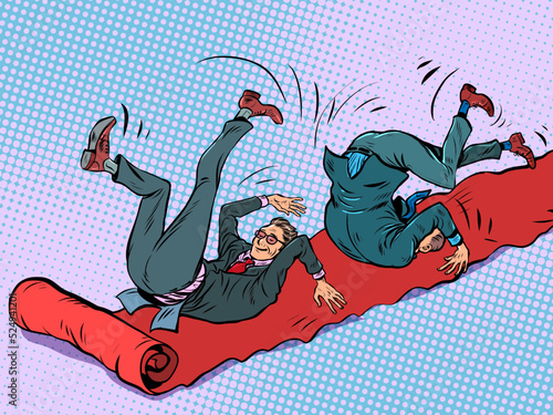 A businessman is rolling down the red carpet carpet of a movie premiere. embarrassment funny fall