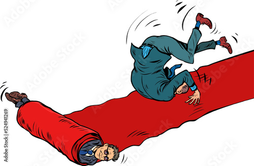 A businessman is rolling down the red carpet carpet of a movie premiere. embarrassment funny fall