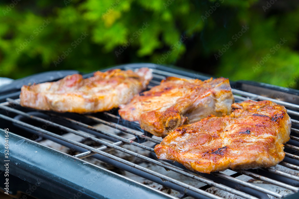 Baking grilled pork meat in the garden