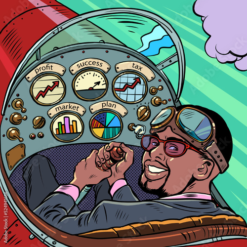 cockpit of a retro aircraft, the african american pilot leads the airplane. Pilot profession