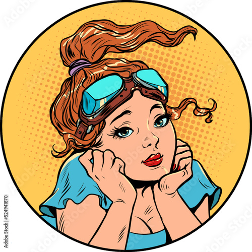 retro pilot woman beautiful looks thoughtfully, pilot's glasses on her head. Pop art style