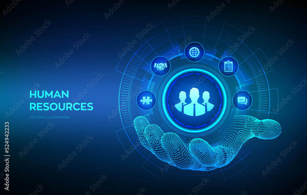 Human Resources. HR symbol in robotic hand. HR management, recruitment, employment, headhunting business concept. Human social network and leadership. Vector illustration. Human Resources. HR symbol in robotic hand. HR management, recruitment, employment, headhunting business concept. Human social network and leadership. Vector illustration.