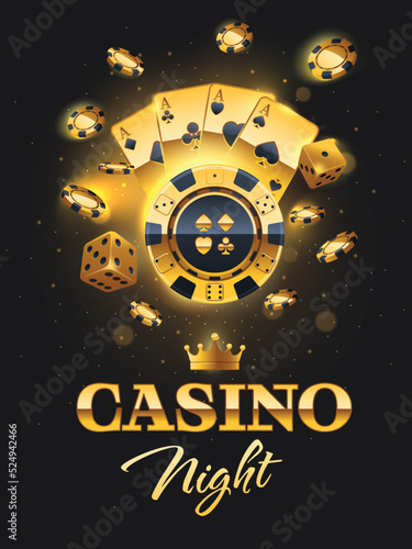 Casino Night flyer illustration with gambling design elements, poker chips, dices and playing cards. Luxury signboard, poster with realistic casino elements. Vector illustration.  