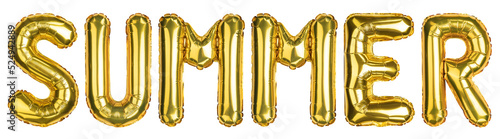 Summer Balloons. Summer season celebration. Yellow Gold foil helium balloon. Word good for party, greeting card, events. English Alphabet Letters. Isolated white background. High quality photo