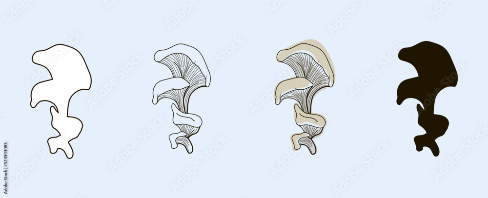 Set of oyster mushrooms drawn in outline style, line, doodle and black silhouette. Vector illustration on a blue background. Set of oyster mushrooms drawn in outline style, line, doodle and black silhouette. Vector illustration on a blue background.