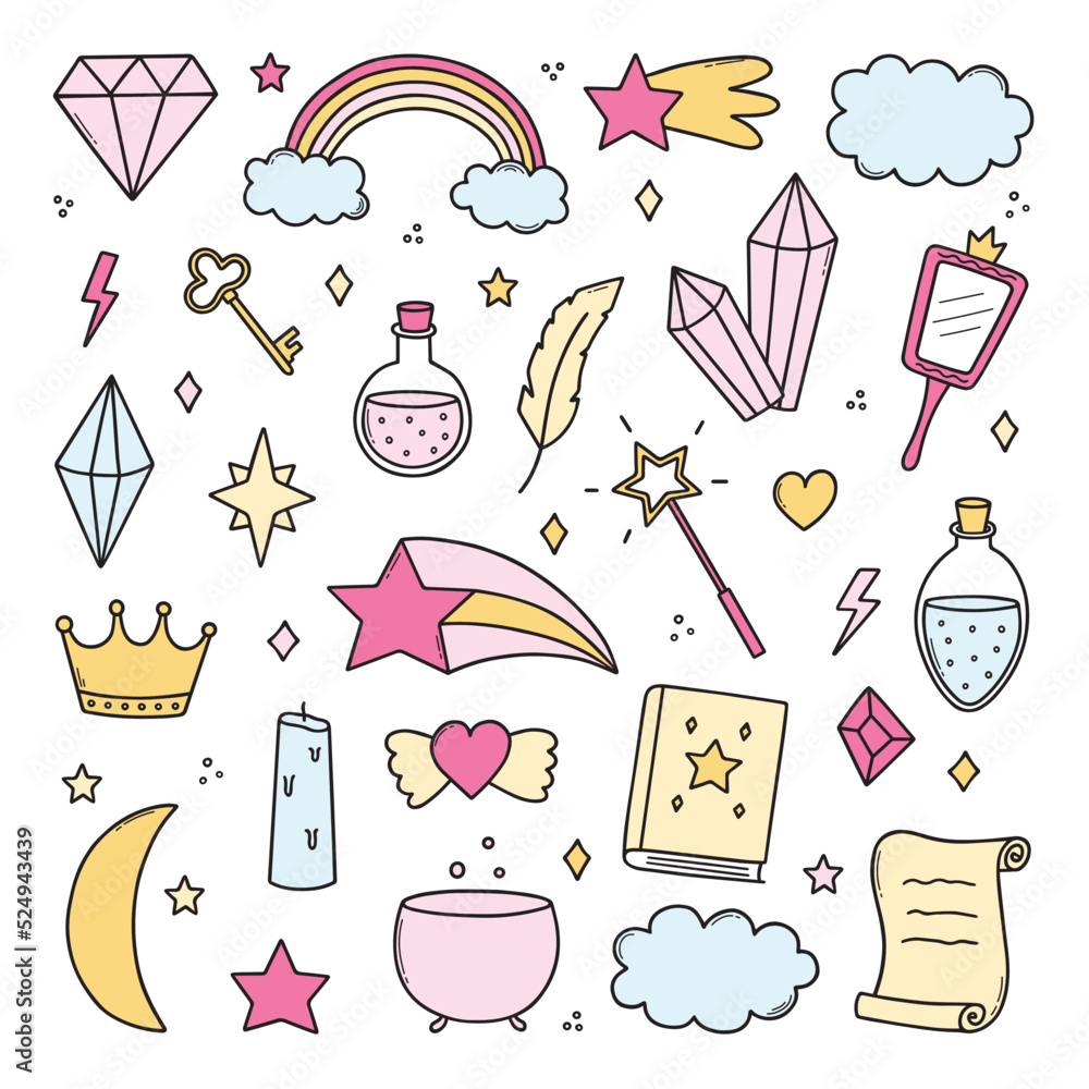 Hand drawn set of kids magic and fantasy doodle. Magic items: rainbow ...