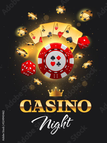 Golden Casino Night flyer illustration with gambling design elements, poker chips, dices and playing cards. Luxury signboard, poster with realistic casino elements. Vector illustration. 