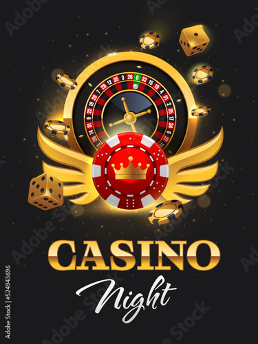 Golden Casino Night flyer illustration with luxury poker chips, dices and roulette wheel. Precious signboard, poster with realistic casino elements. Vector illustration.
