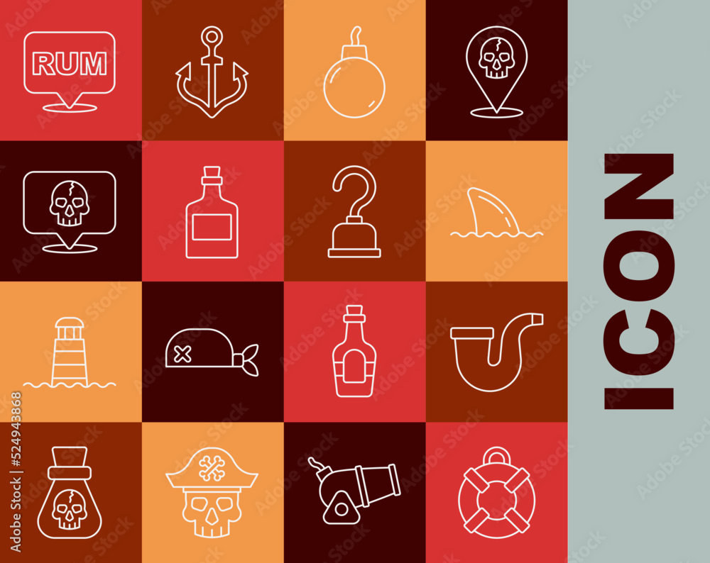 Set line Lifebuoy, Smoking pipe, Shark fin ocean wave, Bomb ready to explode, Alcohol drink Rum, Skull, and Pirate hook icon. Vector Set line Lifebuoy, Smoking pipe, Shark fin ocean wave, Bomb ready to explode, Alcohol drink Rum, Skull, and Pirate hook icon. Vector