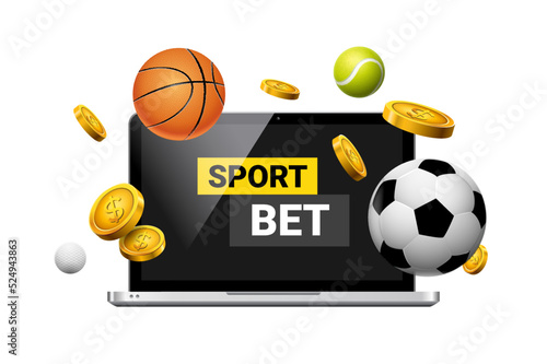 Sport bet money casino illustration laptop. Football basketball sport bet business game vector background