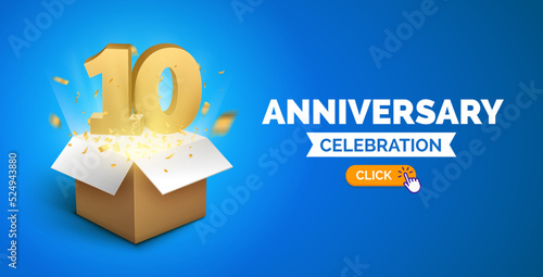 Anniversary birthday 10 years golden background. Happy vector poster 10th anniversary confetti celebration poster.