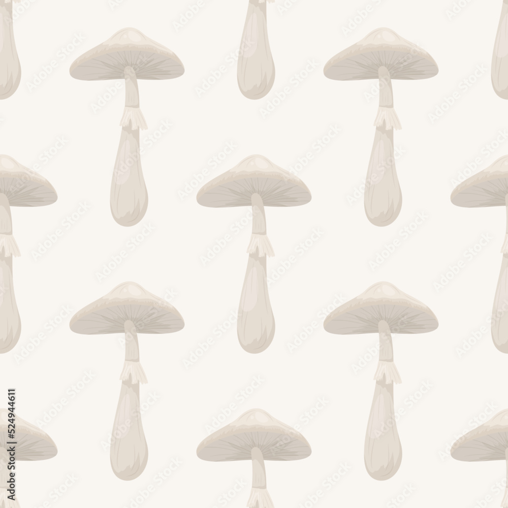 Vector Seamless Pattern with Toadstool Mushroom on White. Seamless Texture, Hand Drawn Cartoon Toadstool Mushroom. Design Template for Textile, Wallpaper, Print Vector Seamless Pattern with Toadstool Mushroom on White. Seamless Texture, Hand Drawn Cartoon Toadstool Mushroom. Design Template for Textile, Wallpaper, Print