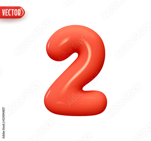 Number 2. Two Number sign red color. Realistic 3d design in cartoon balloon style. Isolated on white background. vector illustration