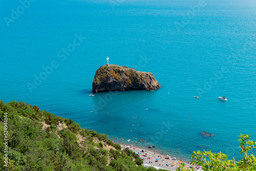 Fotografie Cape crimea fiolent beautiful cross rock crimean sevastopol sea travel, from shore sky from scenery and stone mountain, adventure seashore