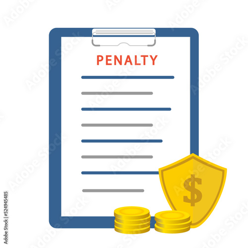 Penalty document icon with shield. Vector cartoon illustration