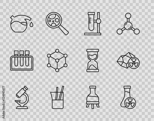 Set line Microscope, Test tube with toxic liquid, flask on stand, Laboratory glassware, Molecule, and Radioactive icon. Vector