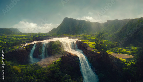Waterfall in the mountains, neon sunset, clouds. Landscape with a waterfall. 3D illustration.