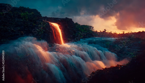 Waterfall in the mountains, neon sunset, clouds. Landscape with a waterfall. 3D illustration.