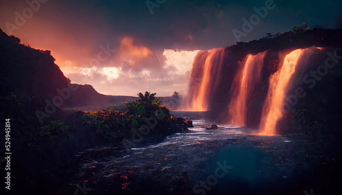 Waterfall in the mountains  neon sunset  clouds. Landscape with a waterfall. 3D illustration.