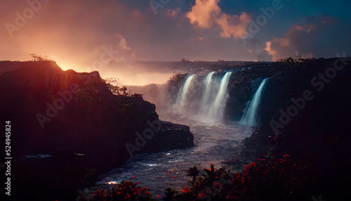 Waterfall in the mountains, neon sunset, clouds. Landscape with a waterfall. 3D illustration.