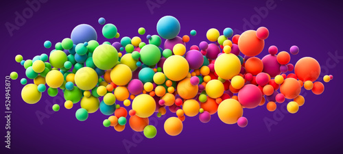 Abstract composition with colorful random flying spheres. Colorful rainbow matte soft balls in different sizes. Vector background