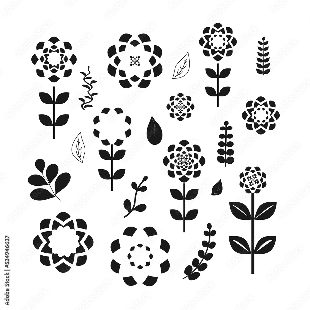 Fototapeta premium Set of Black Flowers and Leafs on white background Vector Illustration