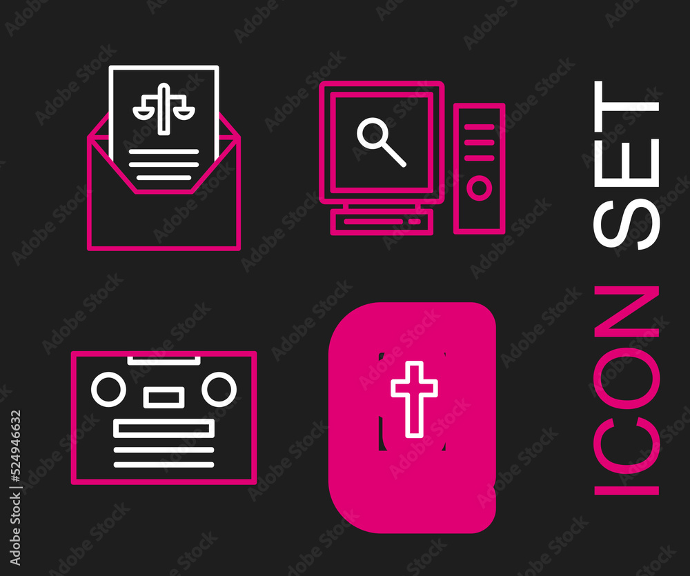 Set line Holy bible book, Retro audio cassette tape, Search on computer screen and Subpoena icon. Vector Set line Holy bible book, Retro audio cassette tape, Search on computer screen and Subpoena icon. Vector