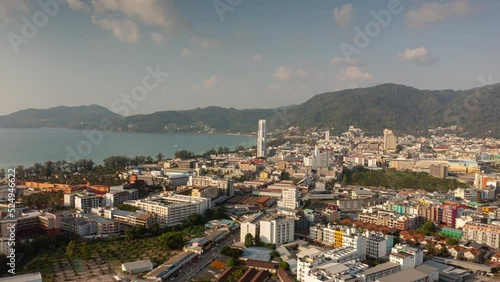 sunny day phuket island famous karon beach town aerial panorama 4k timelapse thailand  photo