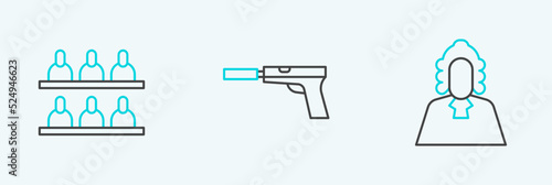 Set line Judge, Jurors and Pistol gun with silencer icon. Vector