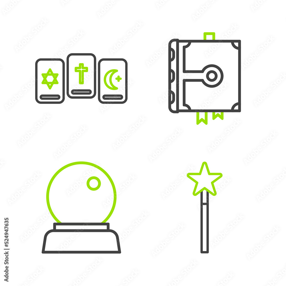 Set line Magic wand, ball, Ancient magic book and Three tarot cards icon. Vector Set line Magic wand, ball, Ancient magic book and Three tarot cards icon. Vector
