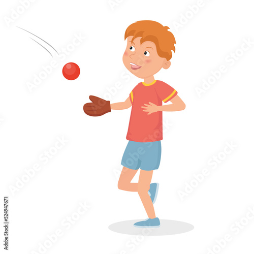 Happy boys play baseball. Vector flat Illustration