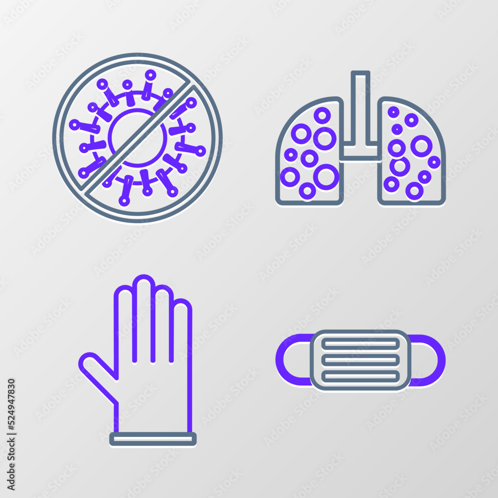 Set line Medical protective mask, rubber gloves, Virus cells in lung and Stop virus icon. Vector Set line Medical protective mask, rubber gloves, Virus cells in lung and Stop virus icon. Vector