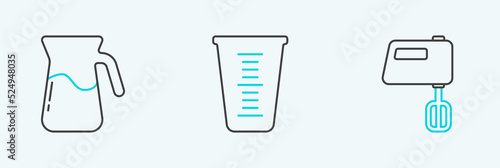 Set line Electric mixer, Jug glass with water and Measuring cup icon. Vector
